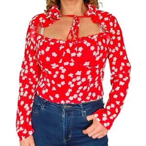 Shein Long Sleeve Wrap Blouse Size Large Floral Red